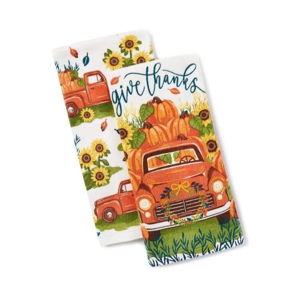Give Thanks Kitchen Towels Vintage Truck Pumpkin Harvest 2-pc Sunflowers Cotton